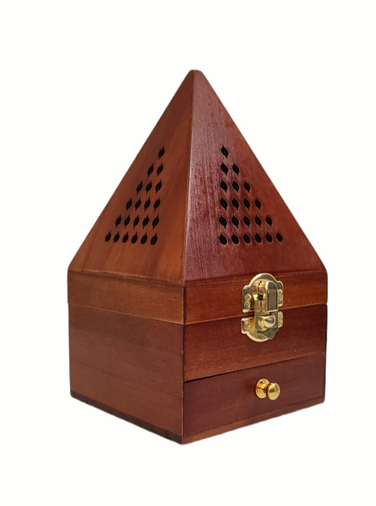 Cone Incense Burner Holder Box Storage - Wooden Pyramid Style - Mabkhara, Wooden Burner, Bakhoor Burner - Wooden Incense Holder (Size: 9 x 9 x 17 cm - Pyramid) حامل بخور خشبي - مبخرة خشب هرمي