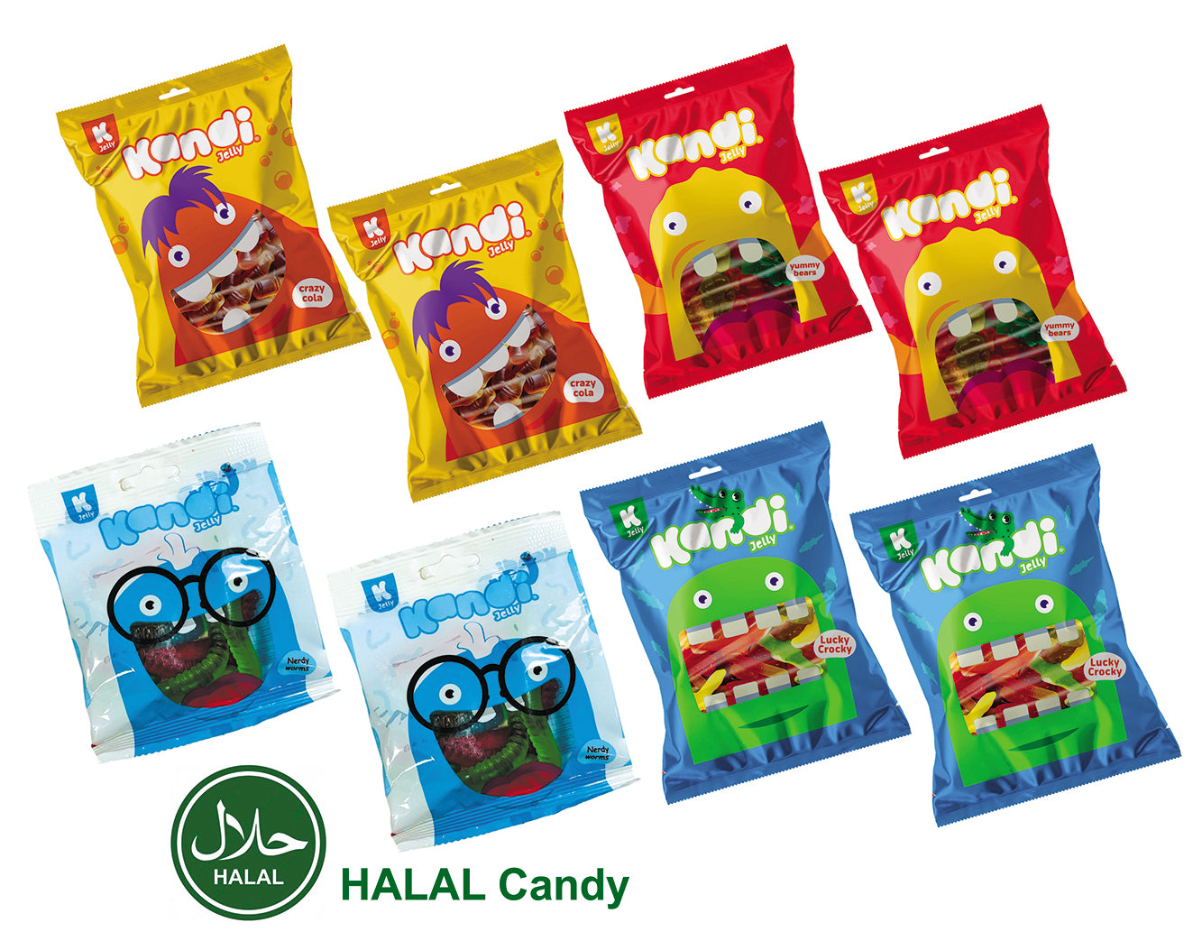 Halal Jelly Kandi | Authentic Egyptian Jelly Kandi | Set of 8 Bags (60g Each) - Total 480g (1.05 lbs) | 4 Exciting Flavors: (Crazy Cola, Yummy Bears, Lucky Crocky, Nerdy Worms) جيلي حلوى حلال