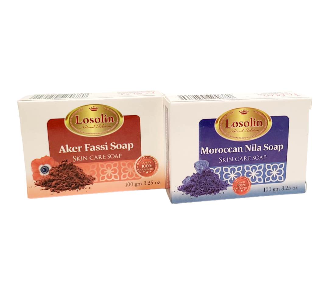 1+1 Pack of | Moroccan Nila Soap and Aker Fassi Soap | LOSOLIN | 2 x 100 gm |   عبوة صابونية العكر الفاسي + 1 عبوة صابونية النيلة المغربية |