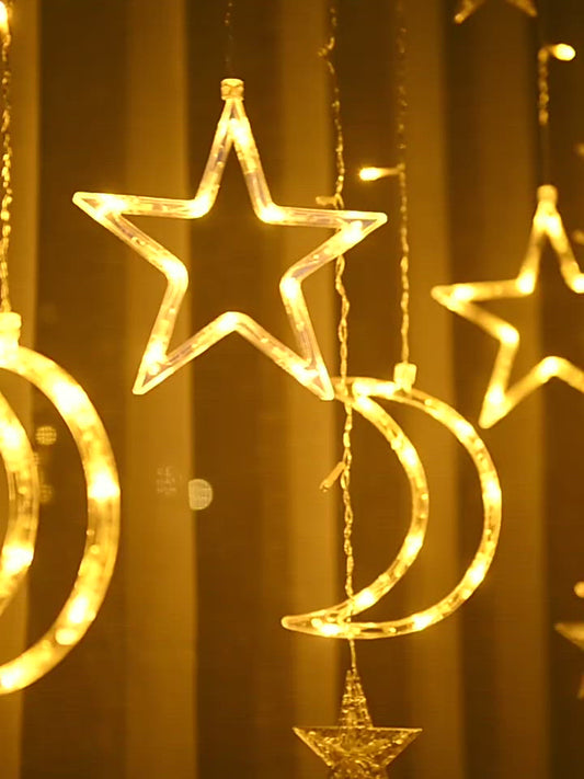 Ramadan string light curtain light | Indoor LED light Decoration | Twinkling star moon Warm White US plug 110V Size: 3.5x0.8m ستارة رمضان المضيئة | زينة رمضان | زينة إضاءة داخلية للمنزل